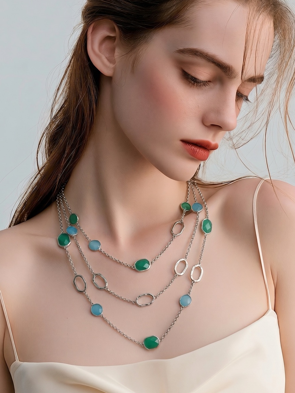 Premier Designs Layered Silver Necklace with Green and Blue Stones